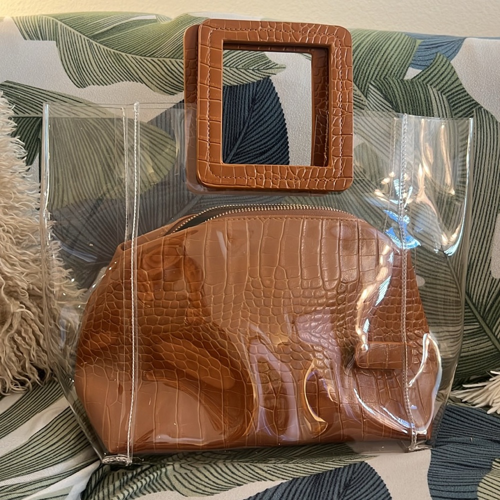 Staud inspired brown croc & clear tote